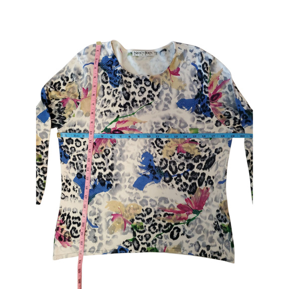 Nancy Bolen City Girl Top Med Y2K Glam Leopard Floral Sequin Knit Beaded Sweater - Picture 9 of 10